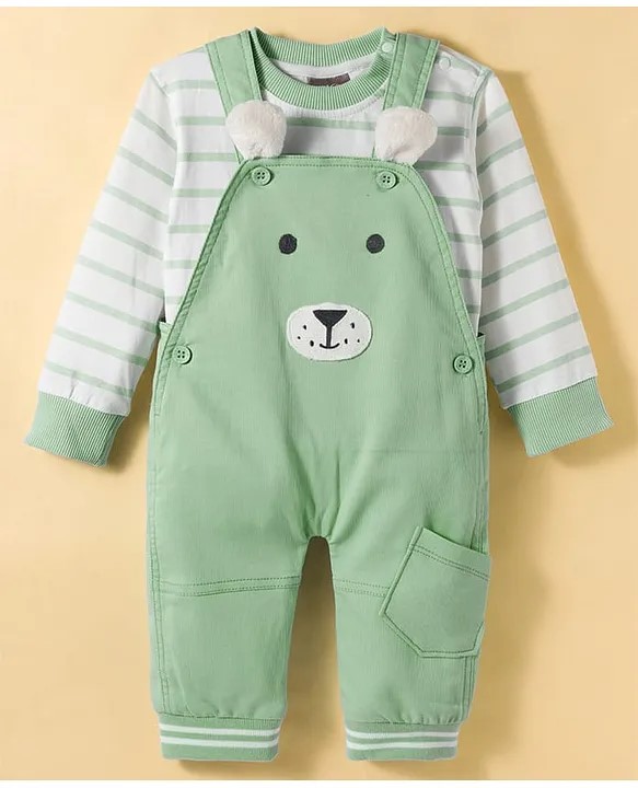 Little Kangaroos Cotton Woven Full Sleeves Dungarees With Striped T-Shirt - Light Green